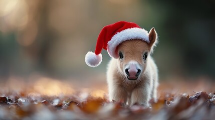 A small pig wearing a red Santa hat is standing on a leaf covered ground