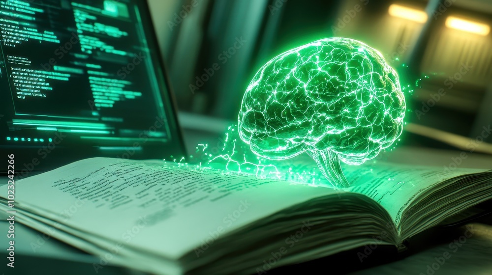 Poster an illuminated brain above an open book, symbolizing knowledge and learning, with glowing circuitry,