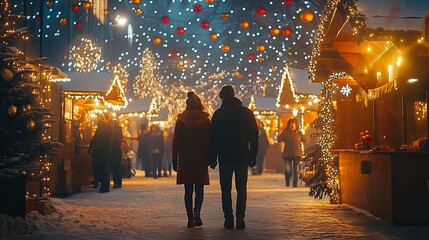 A couple walking through a winter festival, enjoying the lights and festivities as they celebrate together.