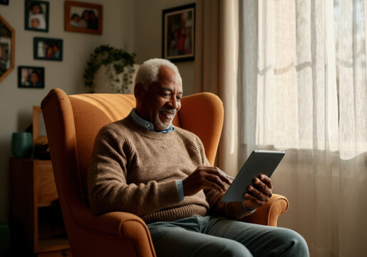 Cheerful senior man is using a digital tablet, browsing the internet or connecting with family and friends on social media