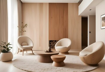 A minimalist living room with earthy tones and organic shapes . The room features a large wooden wall.