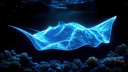 Glowing manta ray in dark ocean setting