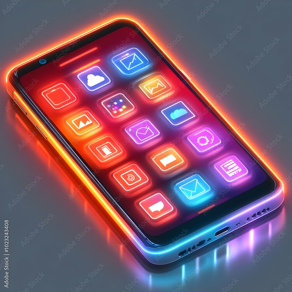 Poster smartphone with holographic apps and icons concept - glowing holographic interface on a mobile devic