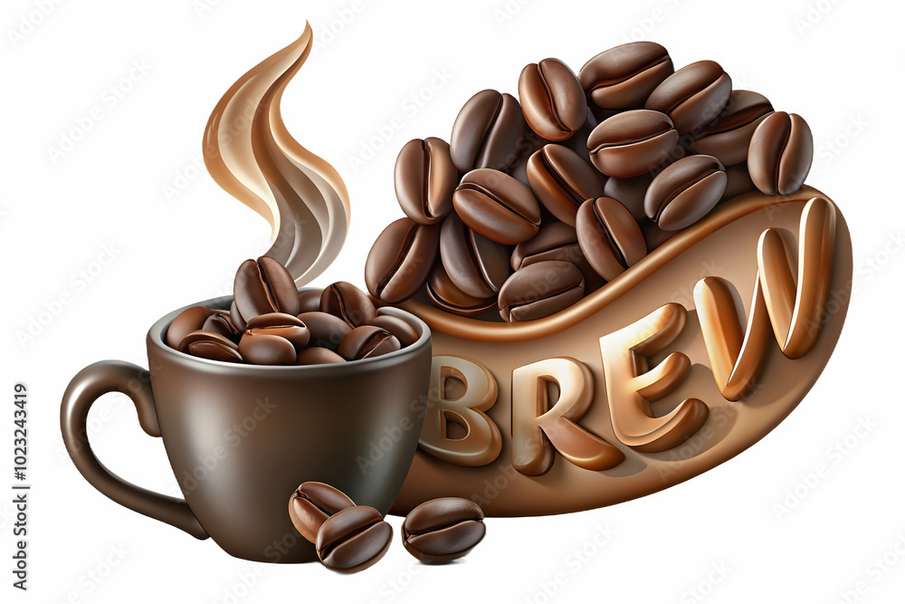 Poster abstract coffee beans swirl forming steaming cup with fresh brew text - dynamic vector design isolat