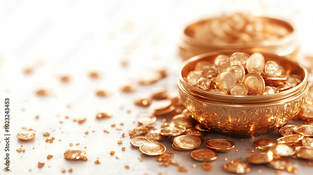 Poster 3d glossy icon of dhanteras treasure with text isolated on white background | camera zoom effect sho