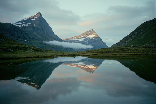 Tranquil Mountain Reflection at Sunrise in Serene Landscape