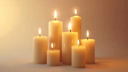Set of elegant pillar candles with soft flames glowing gently on a white background