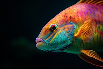Fototapeta premium Mystic portrait of Bicolor Parrotfish, copy space on right side, Close-up View, isolated on black background
