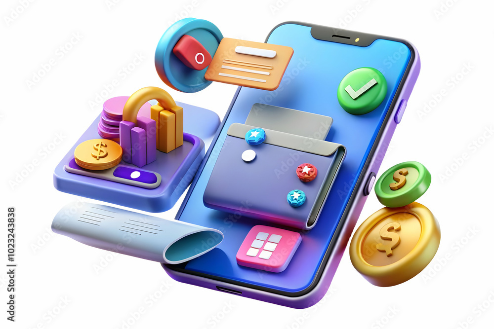 Aufkleber glossy smartphone showcasing floating holographic coins and calculator display in a minimalistic set