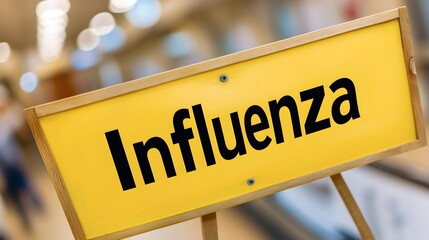 Virus Warning Sign: A conceptual image featuring a yellow caution sign with the word “Influenza” in bold letters. The sign stands against a blurred background, suggesting a public space like 