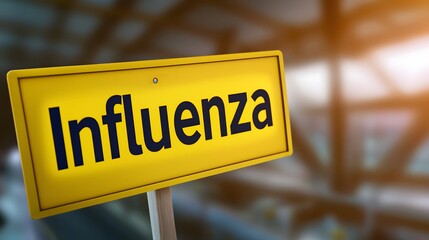 Virus Warning Sign: A conceptual image featuring a yellow caution sign with the word “Influenza” in bold letters. The sign stands against a blurred background, suggesting a public space like 