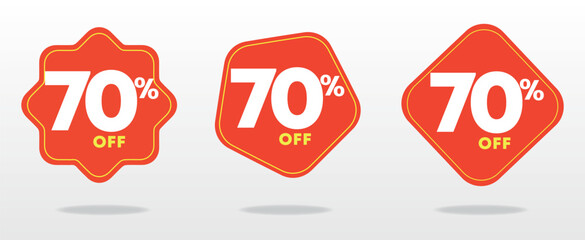 70% off. Special offer label, price, value, sticker. Business, promotion. Sales, store, shop, ads. Discount percentage poster. Red, yellow. Set, icon, vector