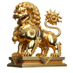 A gold chrome sculpture chinese lion full body, white background isolated PNG
