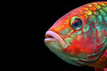 Mystic portrait of Stoplight Parrotfish, copy space on right side, Close-up View, isolated on black background