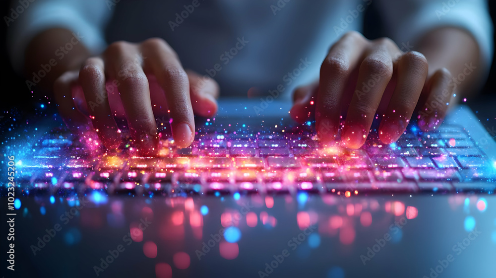 Poster 3d icon of hands typing on glossy keyboard with abstract digital background - enhancing remote work 