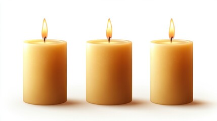 Set of three pillar candles with soft flames isolated on a white background