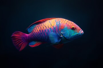 Fototapeta premium the beside view Bicolor Parrotfish, left side view, white copy space on right, Isolated on dark Background
