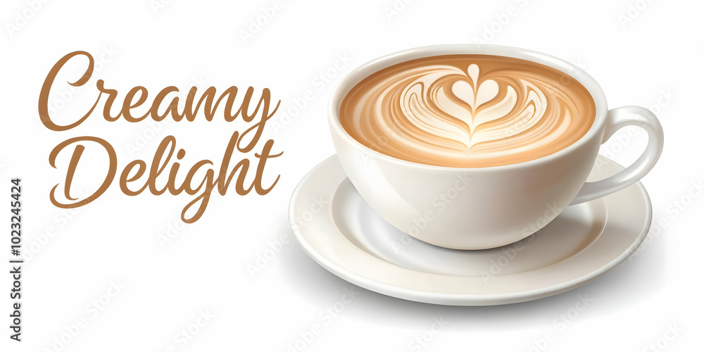 Poster flat floating cappuccino cup with froth creating swirl pattern and creamy delight text | vector illu