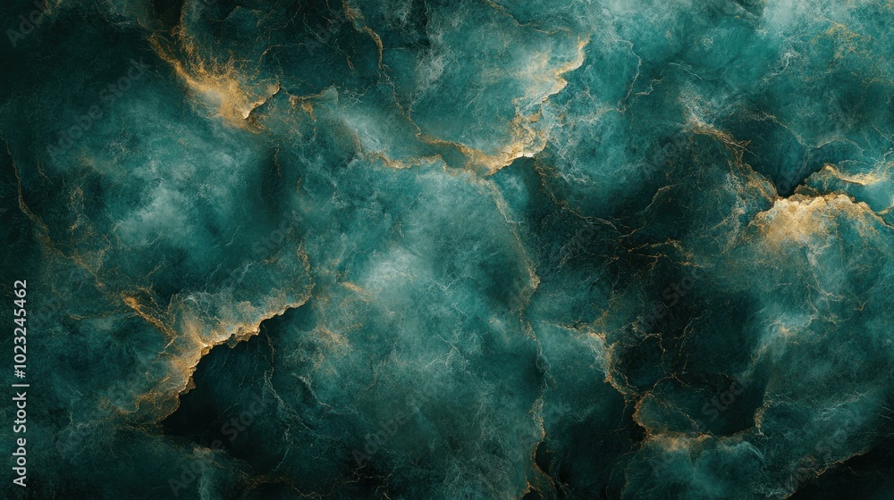 Poster abstract swirling patterns in teal and gold, evoking a sense of depth and movement.