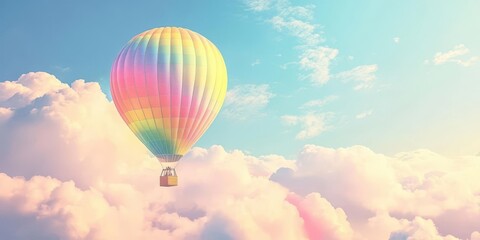 Fototapeta premium Colorful hot air balloon flying through fluffy clouds against a bright blue sky.
