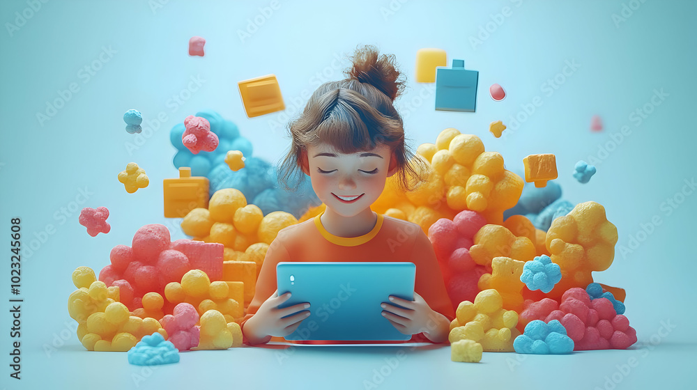 Poster 3d icon of a person using tablet with glossy abstract digital interface: creativity and modern tech 