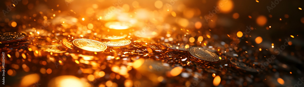 Poster glossy abstract digital scene of dhanteras coin offerings: camera pan across illuminated background 