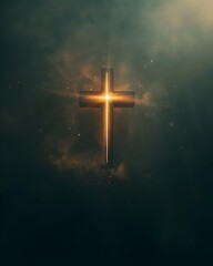 Naklejka premium Intersection of Light and Faith A Glowing Cross in the Celestial Realm