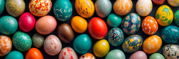 Looking down onto vibrant multi coloured painted Easter eggs