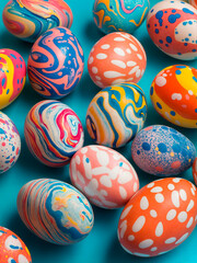 Fototapeta premium Looking down onto vibrant multi coloured painted Easter eggs