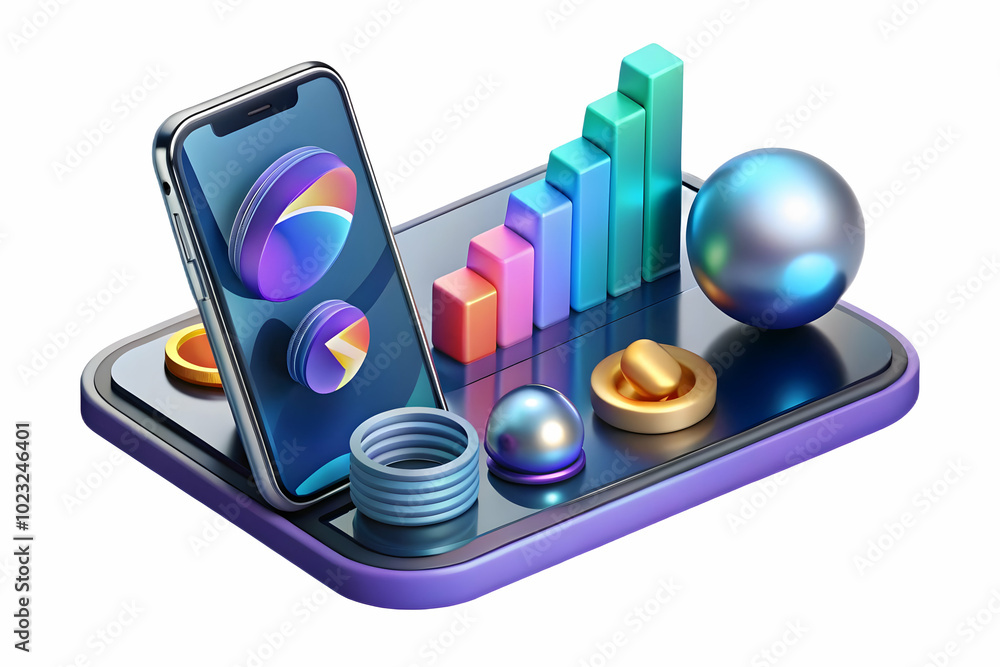 Poster glossy smartphone with floating holographic coins and calculator display in minimalistic financial t