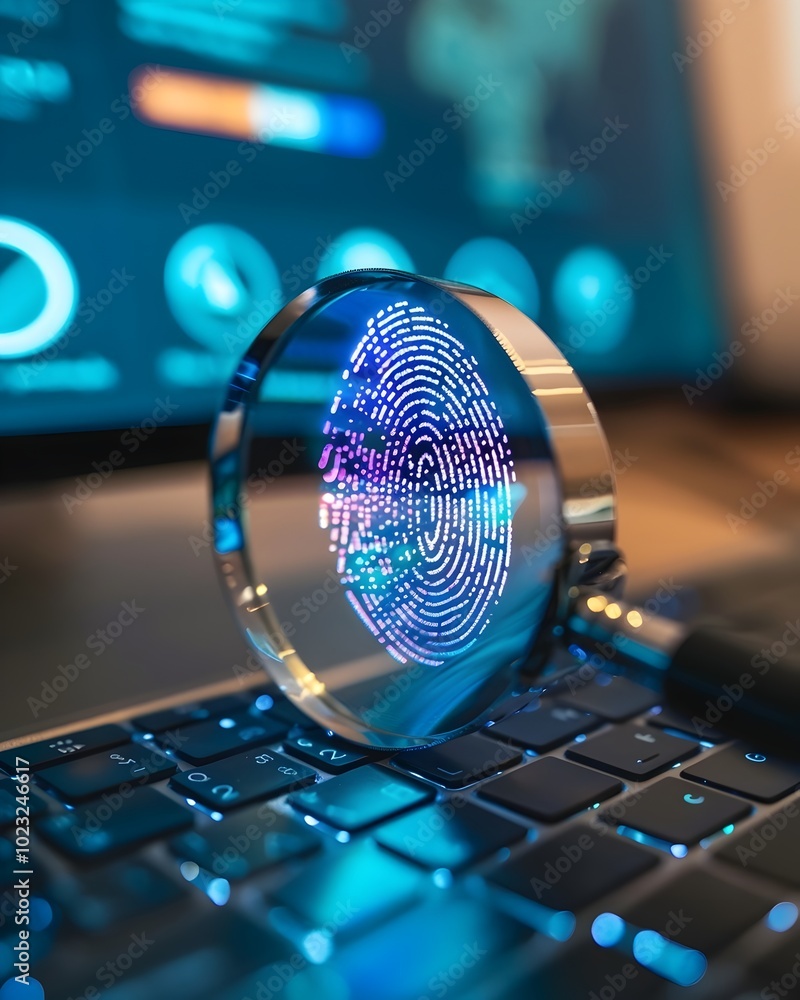Poster magnifying glass hovering over digital fingerprint on computer screen symbolizing fraud detection
