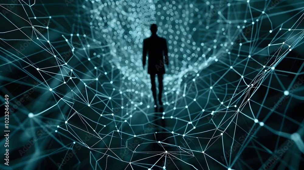 Poster shadowy figure captured in a digital net representing fraud detection