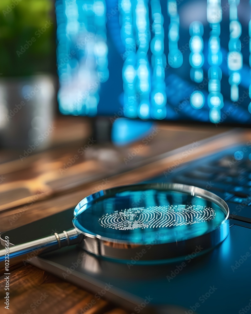 Poster magnifying glass hovering over digital fingerprint on computer screen fraud detection concept