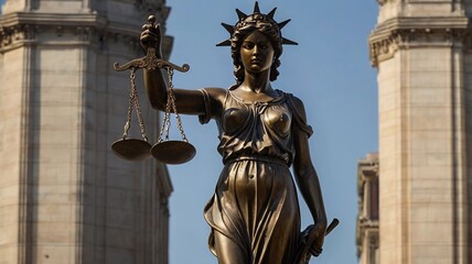 Obraz premium Cinematic Image of the Lady Justice Statue, A Blindfolded Woman Gracefully Holding Scales, Symbolizing Impartiality and Integrity in Justice