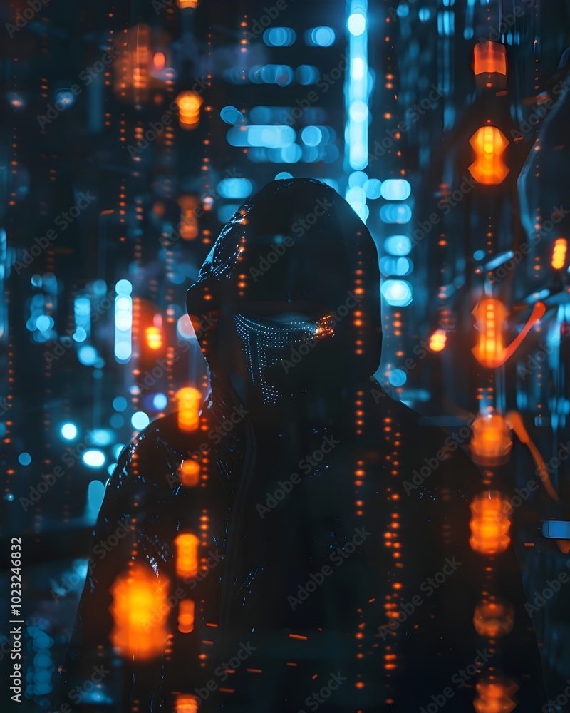 Poster a hacker silhouette surrounded by glowing lines of code in a dark room unaware of fraud detection cl