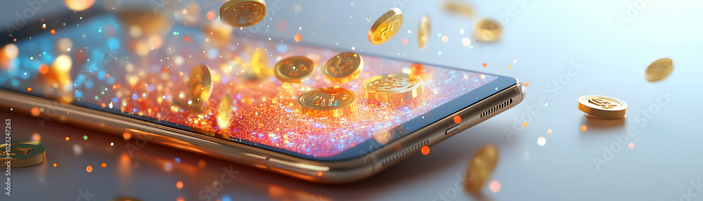 Aufkleber mobile phone displaying holographic wealth symbols and dhanteras text on white background | festive 