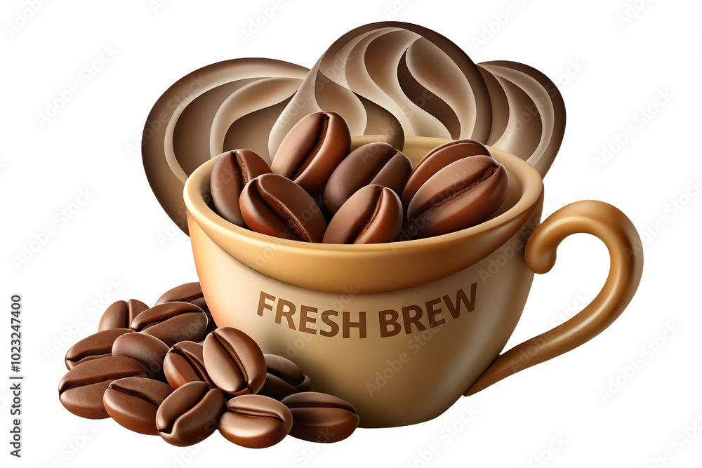 Poster dynamic flat abstract coffee beans design forming steaming cup shape with fresh brew text | vector i