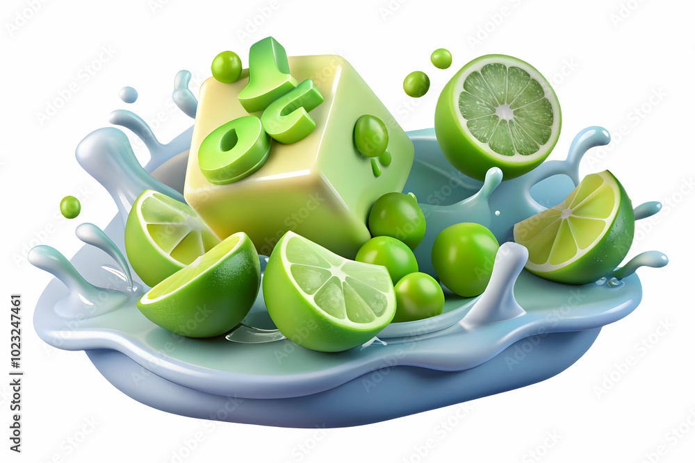 Poster refreshing flat vector design featuring floating ice cubes and lime slices with splash effect and 'r