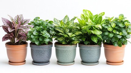 Fototapeta premium collection of potted houseplants in ceramic pots displayed against a clean white background showcasing the beauty of nature and home gardening trends