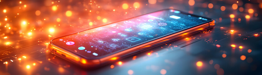Smartphone with Holographic Apps and Icons: A Stunning Photo of a Smartphone Featuring Glowing Holographic Elements on a Clean White Background, Perfect for Mobile Remote Work Representation