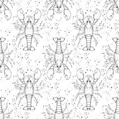 Lobster seamless print for textile and fabric. Black and white pattern.