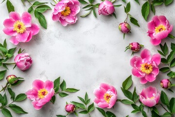 Fototapeta premium Vibrant pink peony blooms green leaves on white background