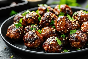 Gourmet glazed meatballs with sesame garnish on kitchen table