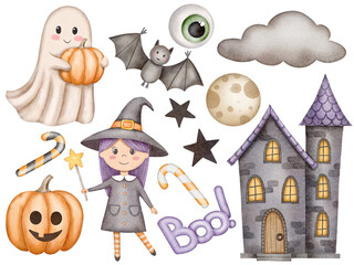 Watercolor cute Halloween illustration. Cute witch and pumpkins. Halloween  attributes. Spooky Halloween clipart.