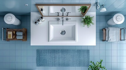 Top view of luxury hotel bathroom interior with sink and mirror, accessories