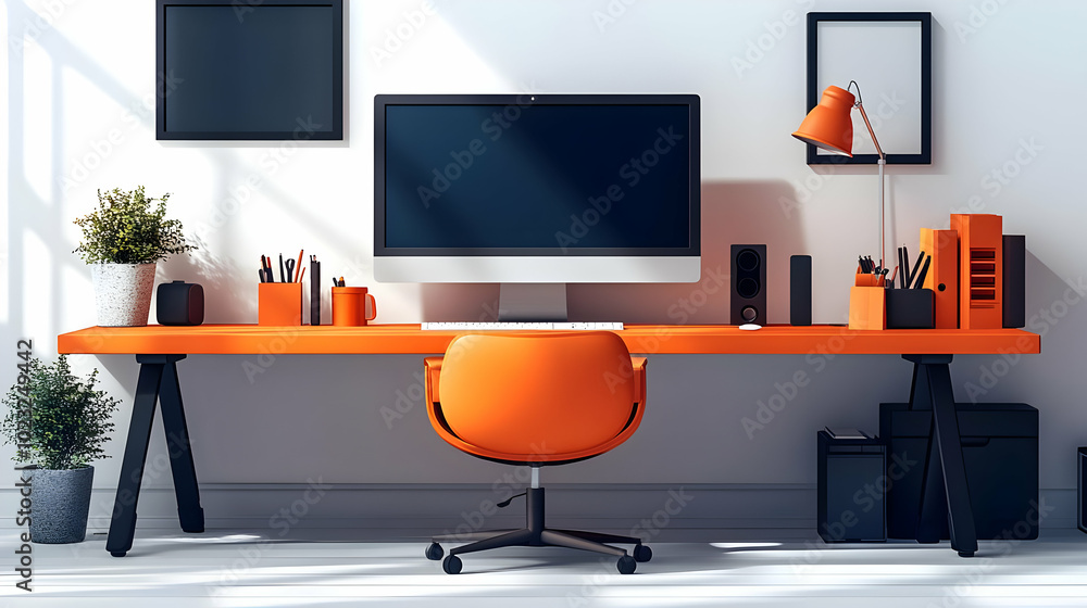 Poster 3d icon of desktop computer and ergonomic chair isolated vector image for tech-savvy home office com