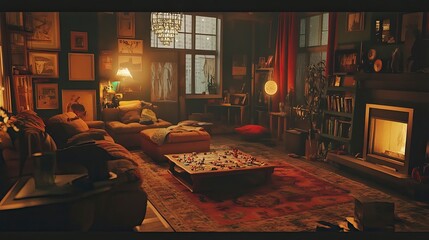 A cozy living room filled with friends playing board games, laughter and warmth filling the air as midnight approaches.