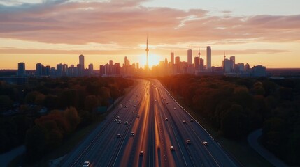 Fototapeta premium City Skyline at Dusk with Vibrant Sunset and Light Trails