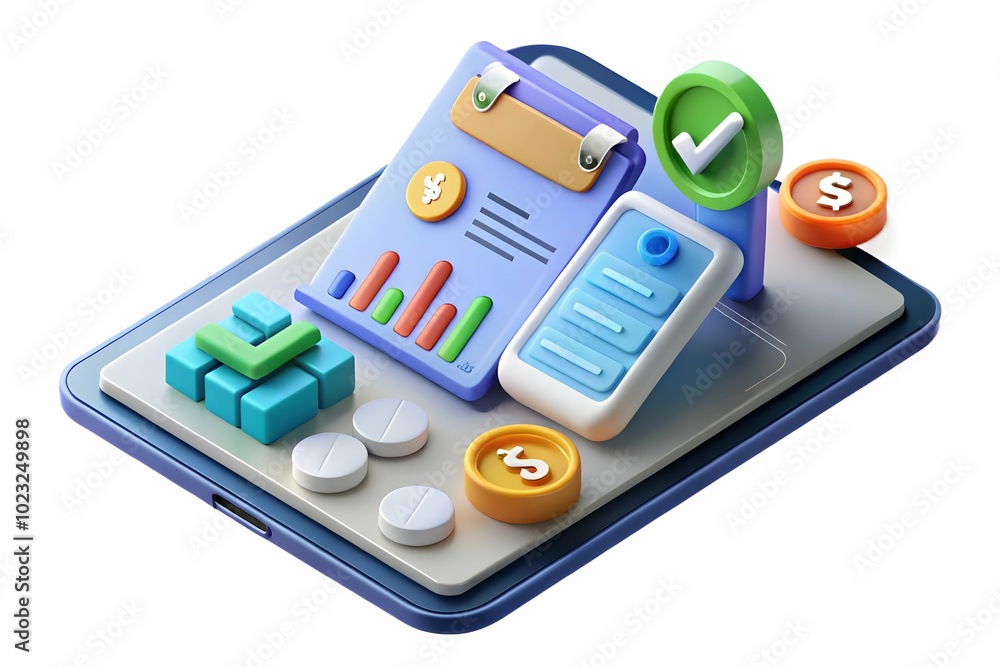 Poster glossy tablet displaying floating holographic bar charts and dollar signs - ideal for financial repo