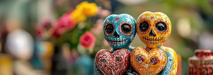Colorful ceramic skeleton figurines embrace, symbolizing love and unity, adorned with intricate patterns, perfect for festive decor.